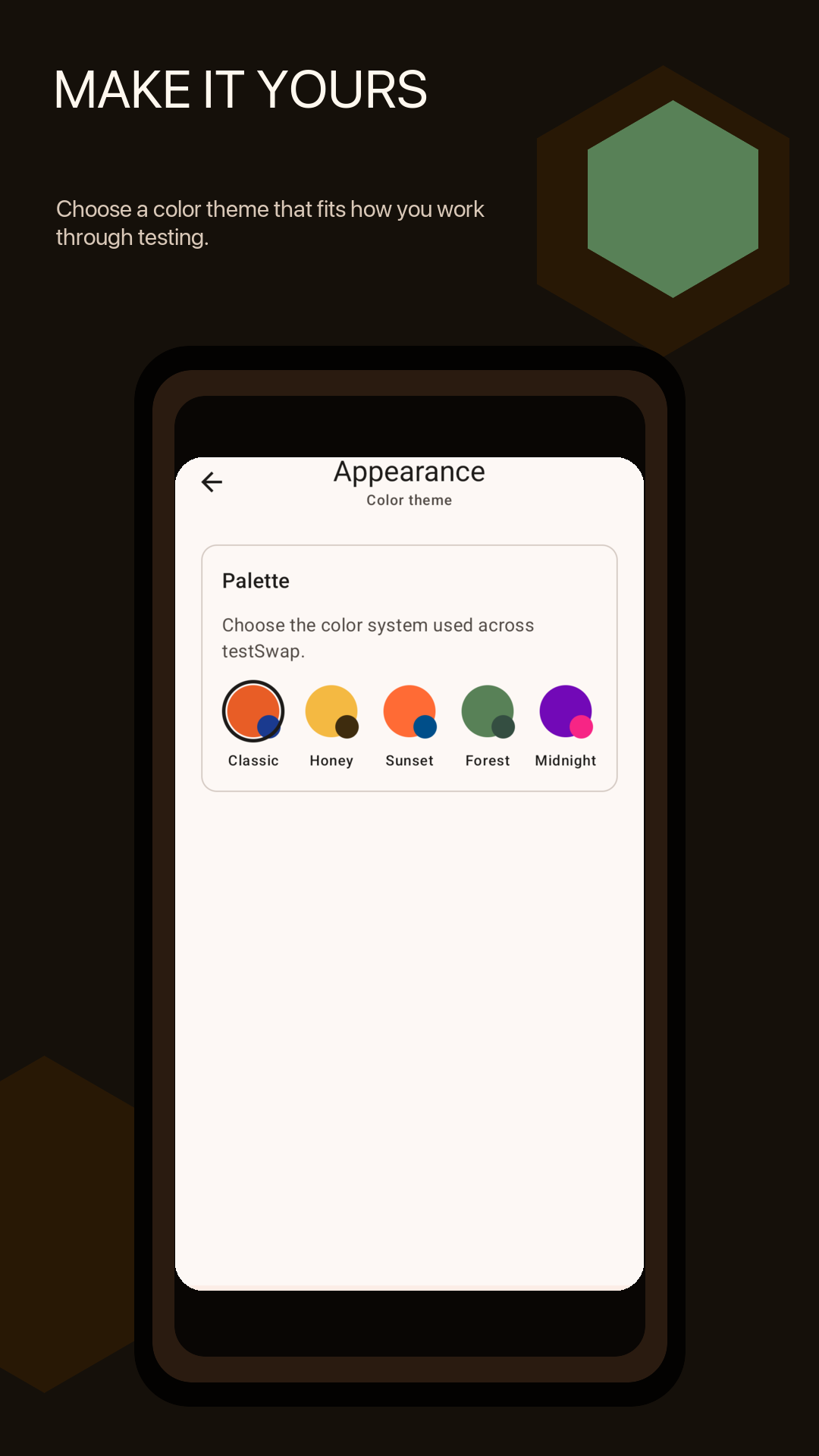 testSwap appearance screen showing color theme options.